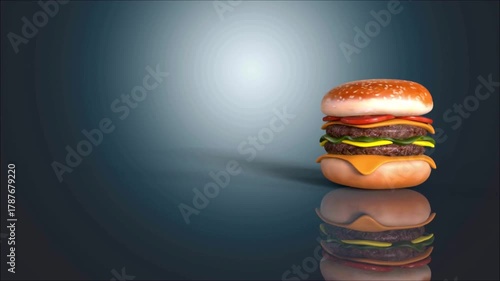 animated juicy burger on black plate, Juicy spicy beef burger rotating