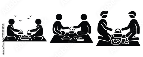 couple picnic silhouette Valentine icon set,Black color simple Vector icons
