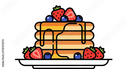 Stack of pancakes with syrup blueberries and strawberries on plate editable vector file