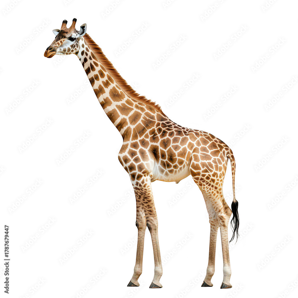 Fototapeta premium A majestic giraffe stands gracefully against a white background. its long neck and unique coat pattern. perfect for educational materials or wildlife conservation campaigns