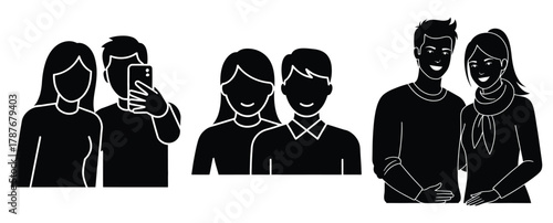 couple selfie pose silhouette Valentine icon set,Black color simple Vector icons