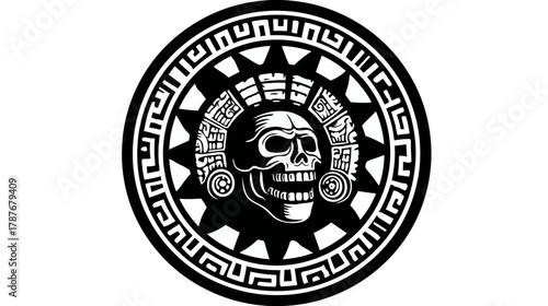 Mesoamerican Style Skull Calendar Emblem Vector Illustration. Ancient tribal art with traditional patterns, cultural symbols.