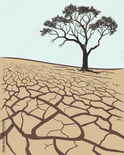 Extreme drought with cracks in the ground and a lone tree.