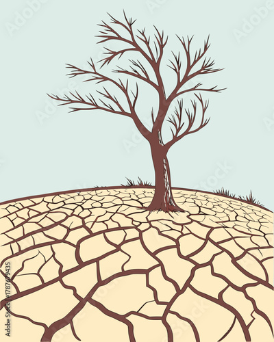 Extreme drought with cracks in the ground and a lone tree.