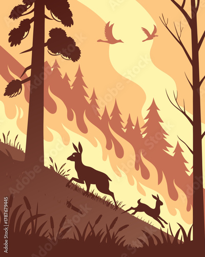 Forest fire with animals fleeing.