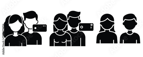 couple selfie silhouette Valentine icon set,Black color simple Vector icons
