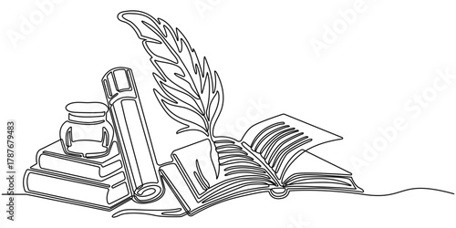 One Line Drawing of Open Book with Feather Quill Banner Frame