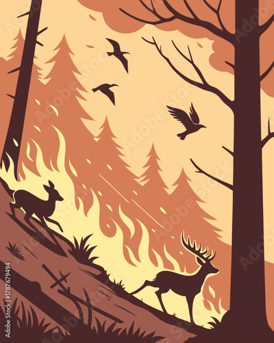 Forest fire with animals fleeing.