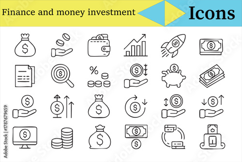 Finance and investment line icons collection for money and banking vector design