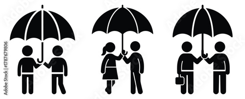 couple sharing umbrella silhouette Valentine icon set,Black color simple Vector icons