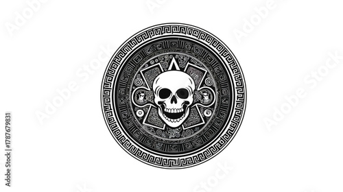 Intricate Ancient Calendar Medallion with Skull Illustration. Tribal, Aztec, Mayan inspired symbolic art. Mysterious vintage design.