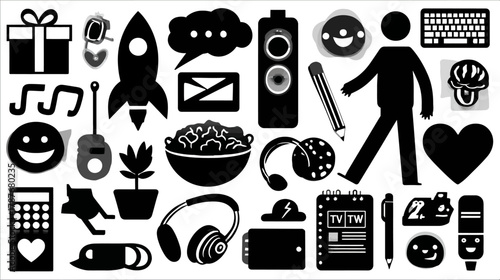 Modern collection of black silhouette vector icons: technology, communication, entertainment, hobbies, and essential everyday objects.
