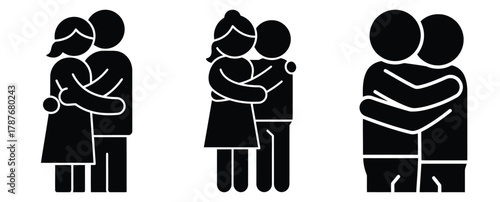couple silhouette hugging silhouette Valentine icon set,Black color simple Vector icons