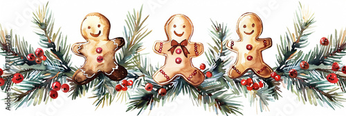 Gingerbread men decorated with icing and berries on a festive pine branch for holiday celebrations