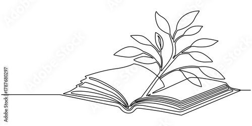 Opened book with sprout plant continuous one line drawing, Opened book with sprout plant in one continuous line drawing . Education study and knowledge concept in simple linear style. Growing wisdom