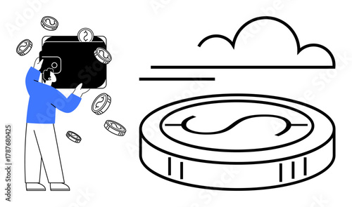 Person holding a wallet with coins falling, large coin with dollar sign, and cloud. Ideal for finance, digital payment, cloud banking, online transactions, savings investments and fintech. Clean