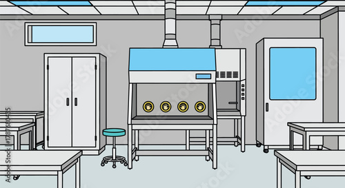 Illustration of a laboratory with equipment and furniture editable vector file