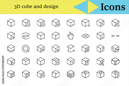 3D cube and modeling line icons collection for geometry and structure design