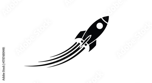 Sleek black rocket ship blasting off with fiery trails on a clean white background, symbolizing speed and innovation.