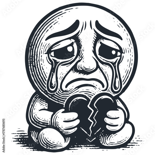 A heartbroken character crying while holding a broken heart. Vintage engraving style vector illustration. A symbol of grief, sadness, and despair.