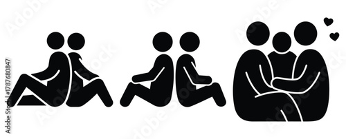 couple sitting together silhouette Valentine icon set,Black color simple Vector icons