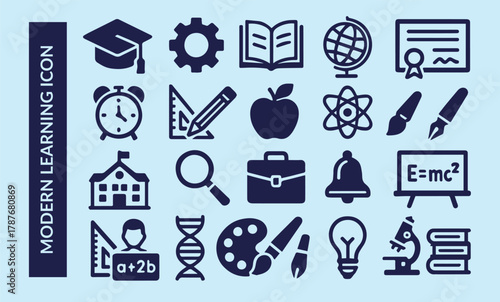 Modern Learning and Education Solid Icons Set. School and Academic Glyphs Collection.