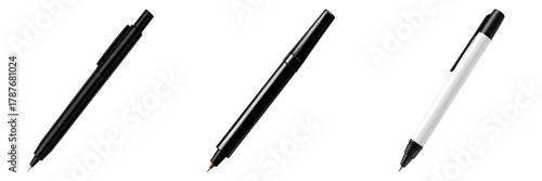 Three stylish pens in a row, each exuding sleek design and functionality. The pens are arranged on a uniform surface