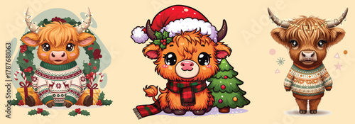 Christmas highland cows wearing sweaters