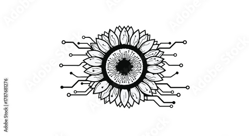Sunflower with integrated circuitry, symbolizing the fusion of nature and technology.