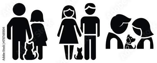 couple with pet silhouette Valentine icon set,Black color simple Vector icons