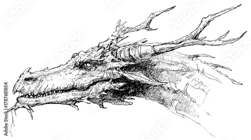 Detailed fantasy sketch of a powerful mythical dragon head with antlers and scales, rendered in traditional pen and ink style.