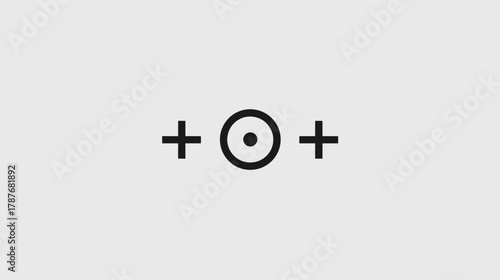 Minimalist abstract icon with two plus signs flanking a centered circle with a dot. Simple geometric symbol for science or mathematics.