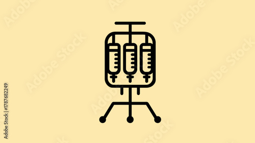 Intravenous Infusion Drip Stand with Three Bags Line Art Icon on Beige Background