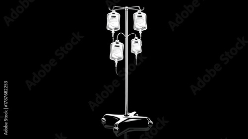 Isolated intravenous IV drip stand with multiple fluid bags on a black background, representing medical treatment and healthcare support.