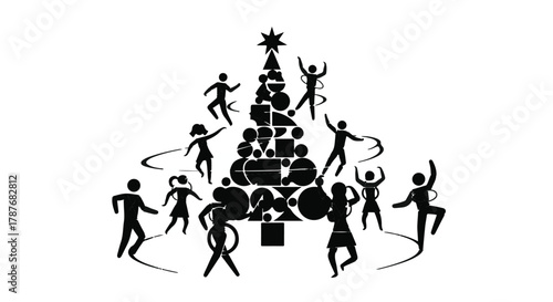 Joyful stick figures celebrating around a festive Christmas tree