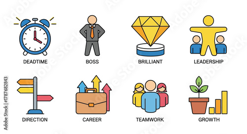 Illustration icons depicting business themes and concepts set up editable vector file