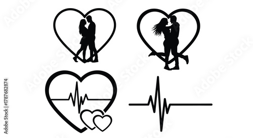 Black and white silhouettes of couples and heart rate designs editable vector file