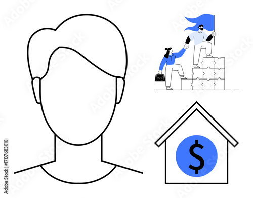 Simplified face outline, leader assisting teammate on stacked blocks, house with dollar icon. Ideal for leadership, collaboration, support, finance, identity teamwork achievement. Clean flat