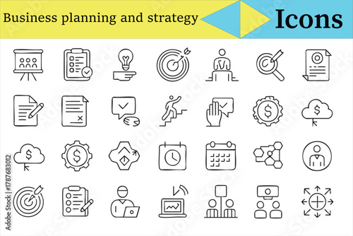 Business planning and strategy line icons collection for corporate and management design
