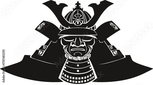 Traditional Japanese samurai warrior helmet and mask (menpo) black silhouette vector illustration, ancient Asian armor symbol