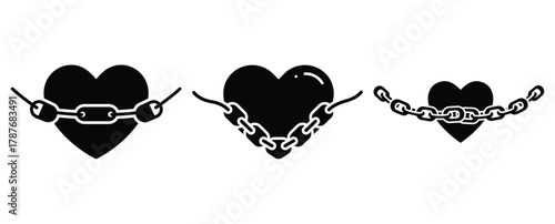 heart chain silhouette Valentine icon set,Black color simple Vector icons