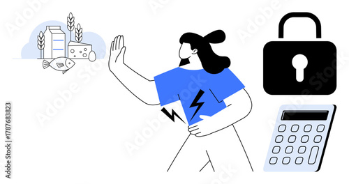Woman extending hand to avoid allergenic food items thumbs up fish, milk, cheese, and grains. Includes calculator, lock, and energy symbol. Ideal for allergy awareness, food safety nutrition