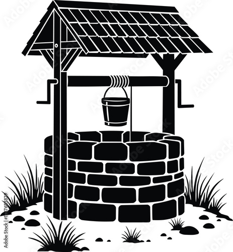 Traditional well with bucket silhouette vector icon on isolated background
