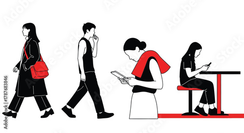 Line art of people using technology and walking in black and red editable vector file