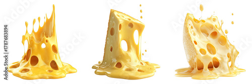 Three slices of delicious cheese with melted texture. The cheese has a rich, creamy yellow color with holes