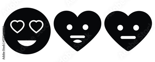 heart face emoji silhouette Valentine icon set,Black color simple Vector icons