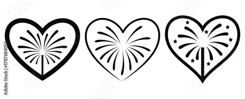 heart fireworks burst silhouette Valentine icon set,Black color simple Vector icons