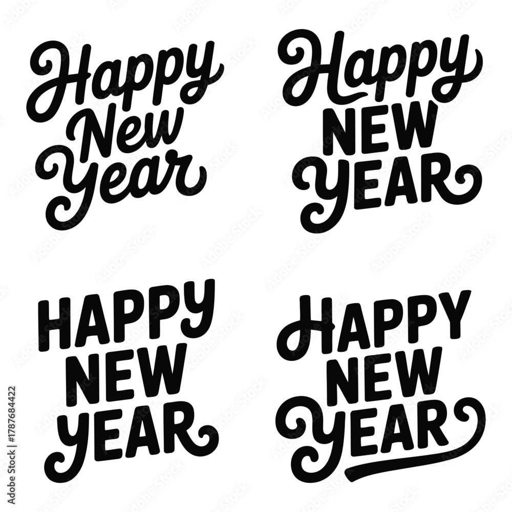 Fototapeta premium Festive Happy New Year Greetings in Varied Typography Styles Perfect for Holiday Season Wishes and Celebratory Announcements with Artistic Flair
