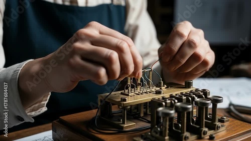 Skillful craftsmanship in assembling an early telegraph machine with intricate wiring techniques