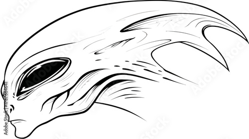 Black and white line art illustration of an extraterrestrial alien head in profile view. Stylized sci-fi creature drawing, cosmic mystery concept.